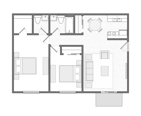 A black and white floor plan of a house with a kitchen, living room, and bathroom.